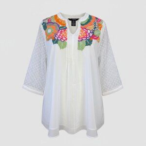 Denim 24/7 Ivory Embroidered Tunic Blouse With Sheer Sleeves Size 24W